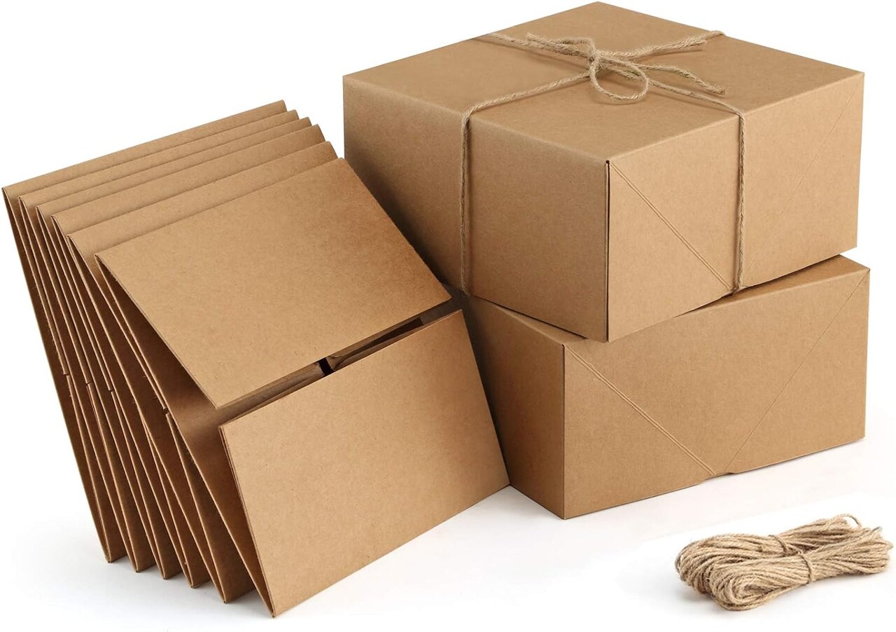Premium Gift Boxes 10 Pack 8 x 8 x 4 Brown Paper Gift Boxes with 20 Meters Hemp Rope for Gifts, Bridesmaid Proposal Boxes, Easy Assemble Boxes